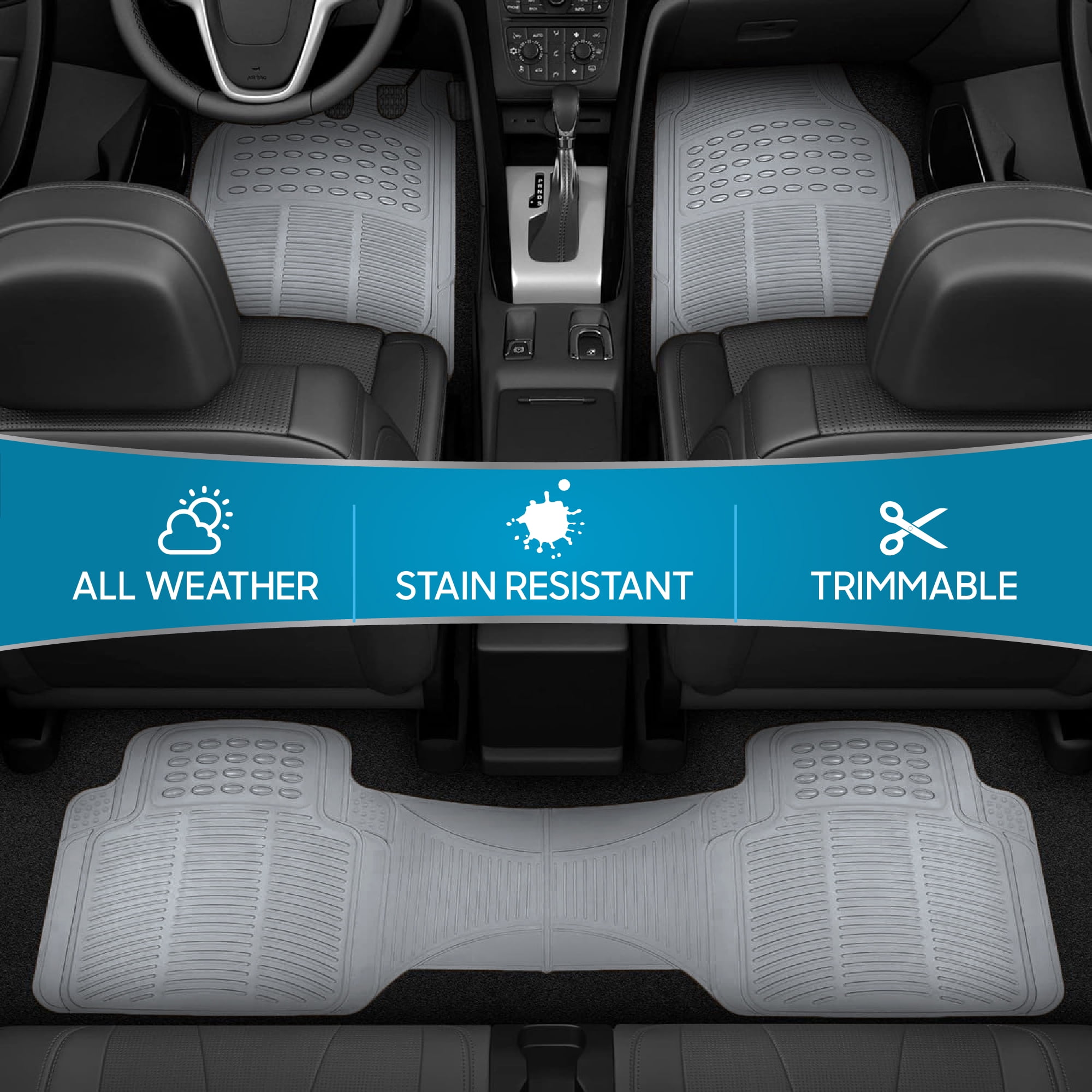 BDK 3-Piece Gray Rubber Floor Mats (Front + Rear), Heavy Duty Universal Fit Liners for Cars SUVs Trucks Vans, All Weather Protection Anti-Slip Nibs, Flexible Contours Fits Most Vehicles