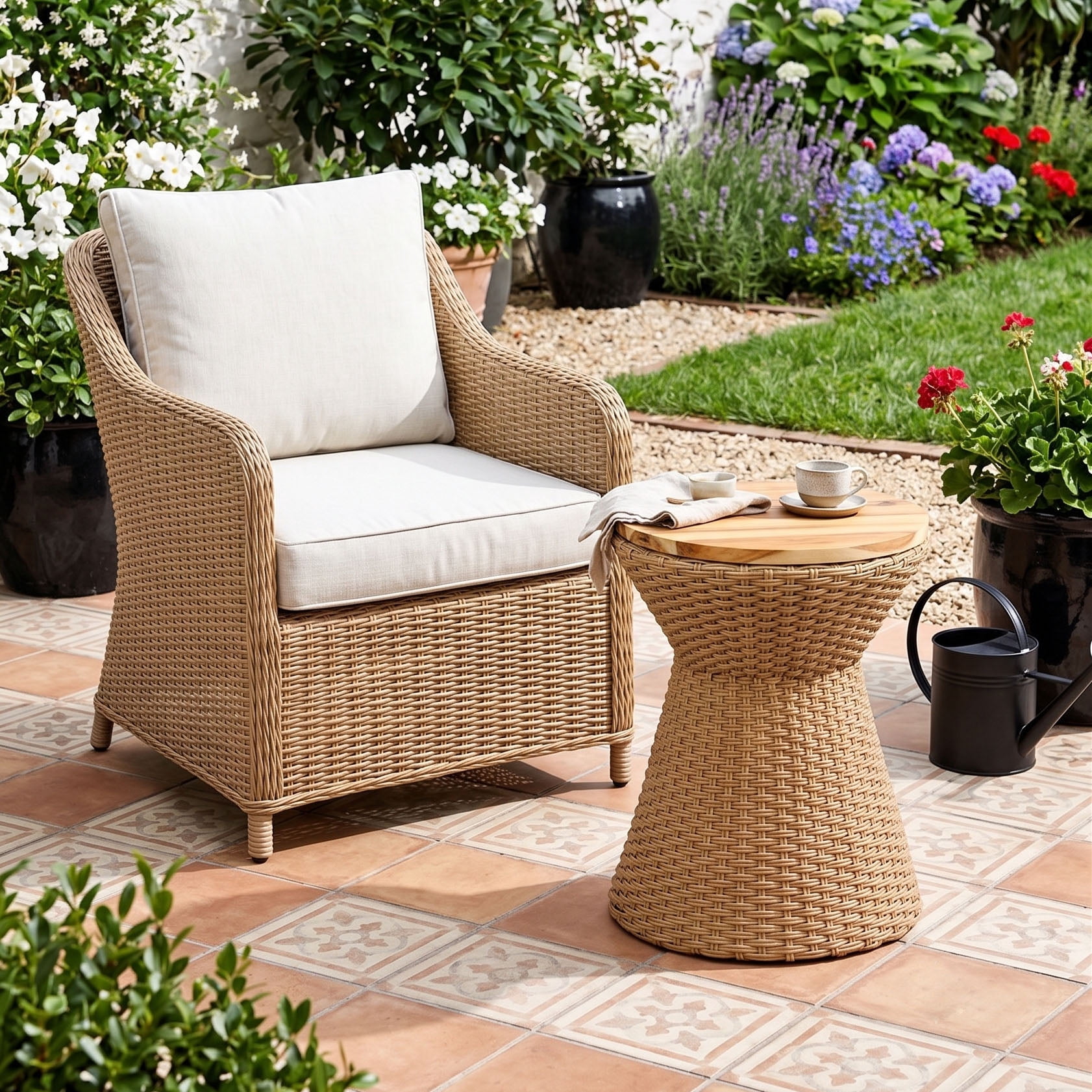14.2" Polyrattan Stool with Wood Lid, Natural Resin Wicker Accent Table – Indoor Outdoor Side Table with Steel Frame