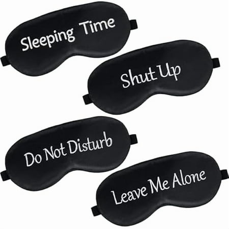 wonima66 4 Pieces Funny Eye Mask for Sleep Soft Satin Eye Mask Blackout Blindfold with Adjustable Strap Silk Cover Out Lights for Women Men Travel, Nap, Meditation (Black with Black Words)