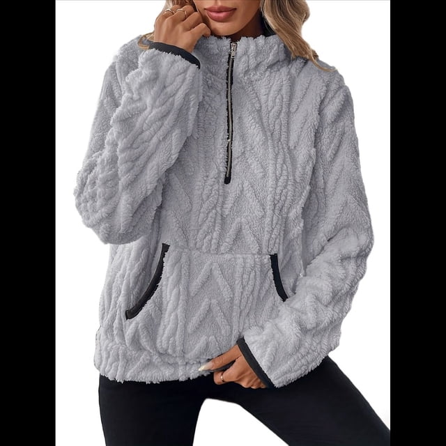 Suéter de Larga con Cremallera de un Cuarto para Mujer, Sudadera de Forro con Capucha, Sudaderas con Solapa, Suéteres Cálidos con Bolsillos. Gris XL