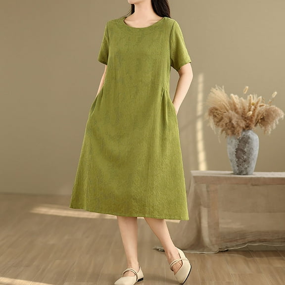 Yotami Women's Cotton Linen Dress Summer Crew Neck Comfortable Solid Color Dress for Weekend Short Sleeve Midi Dress Green XL