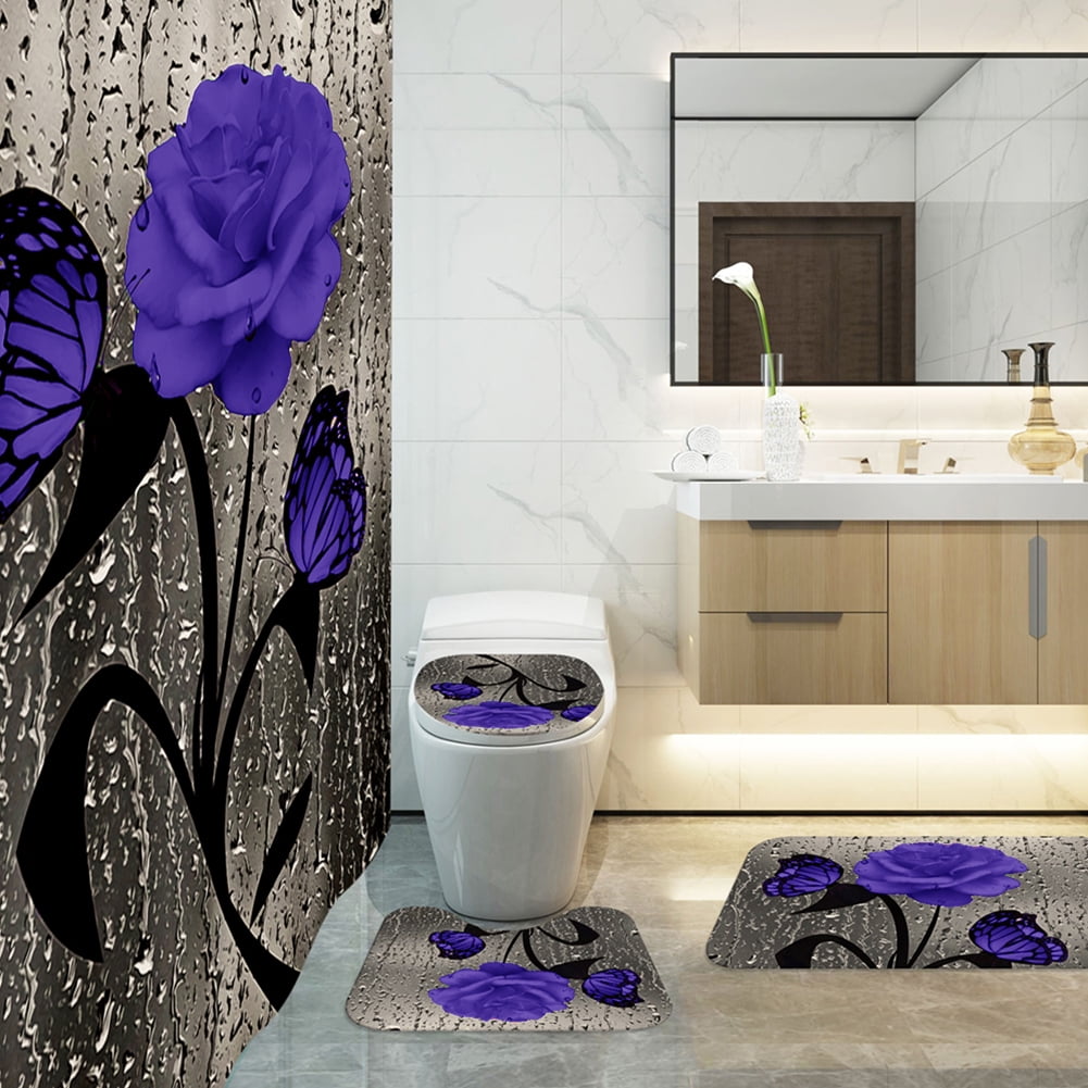 4 Pcs Bathroom Shower Curtain Set Blue Rose Shower Curtain Bathroom Sets Valentine's Day Shower Curtain Sets with Rugs(Bath Mat,U Shape and Toilet Lid Cover Mat) and 12 Hooks