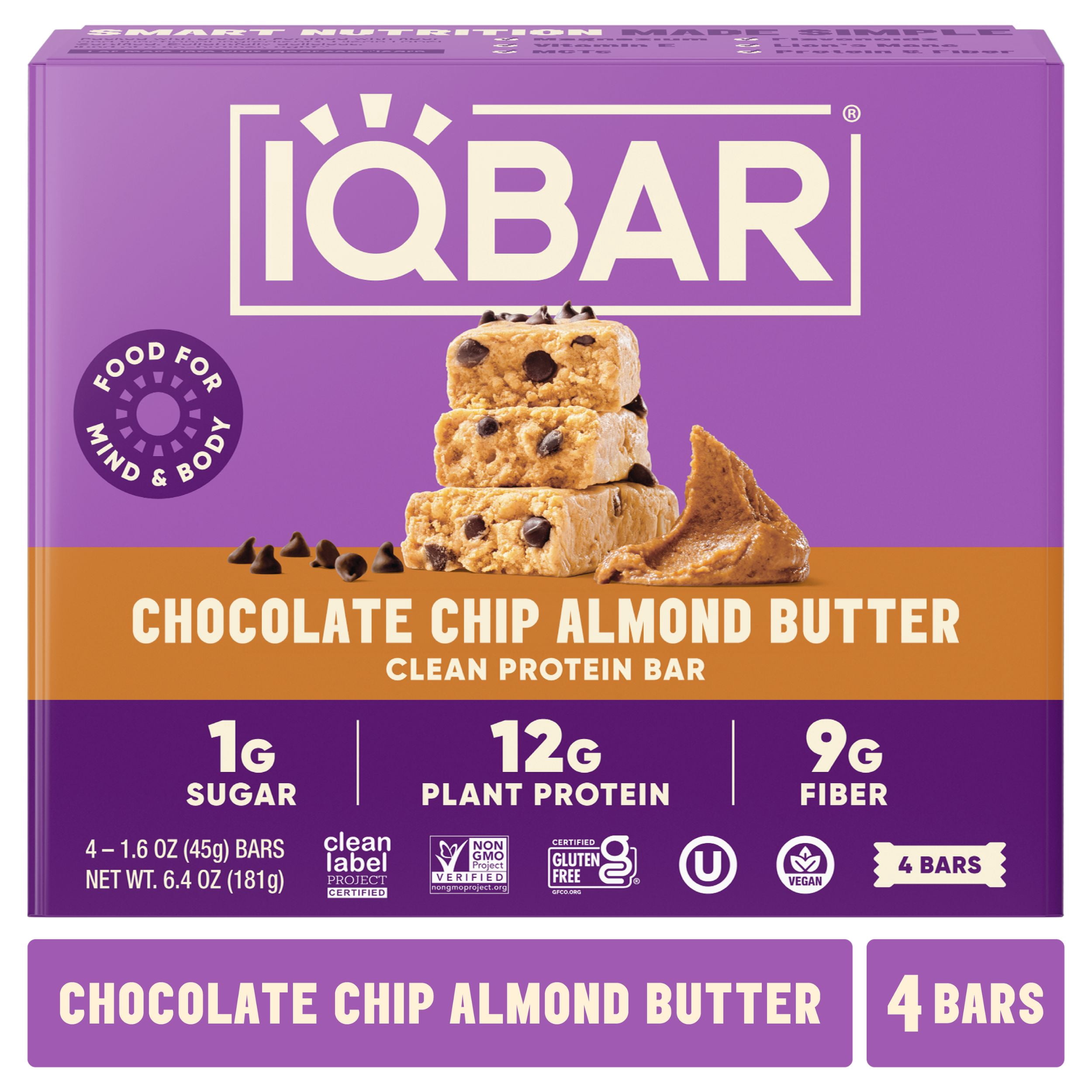 (2 pack) IQBAR Chocolate Chip Almond Butter Protein Bars - Vegan Energy Bars - High-Fiber Vegan Snacks - 4 Count Box