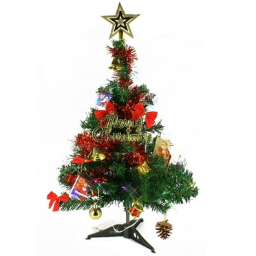 Wideskall 18" inchTabletop Artificial Mini Christmas Pine Tree with LED Lights & Ornaments Green Tree Multi Color Light