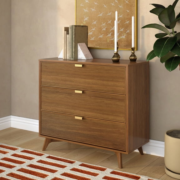 Linea Tambour 3 Drawer Dresser with Brass Pull, Pecan