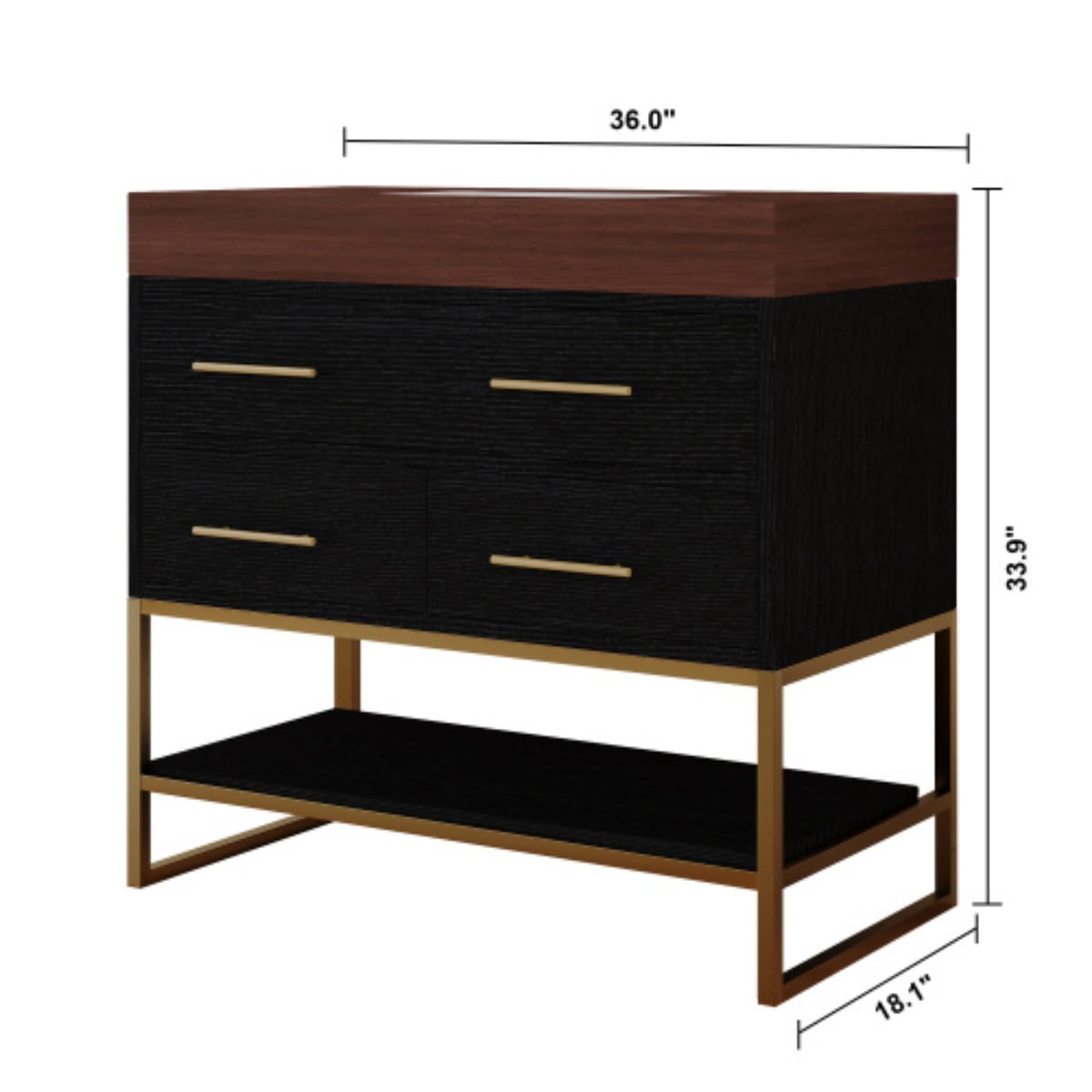 36" Bathroom Vanity with Ceramic Sink, Sintered Stone Top Bathroom Cabinet with Soft Close Drawers, Solid Wood Plywood Storage Vanity with Open Shelf & Gold Stainless Steel Legs, Black & Walnut