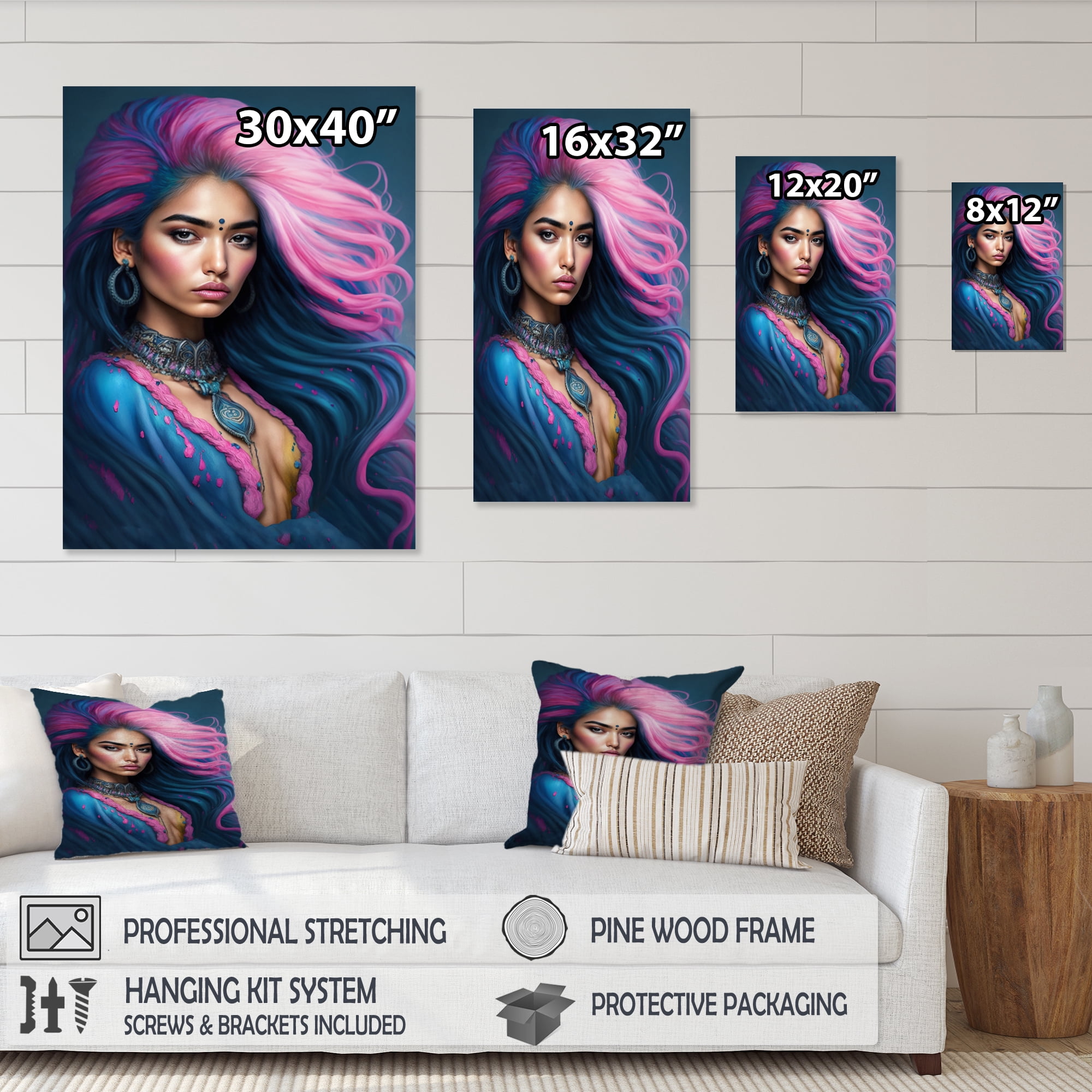 Designart Fashion Indian Woman In Pink And Blue VI Canvas Wall Art