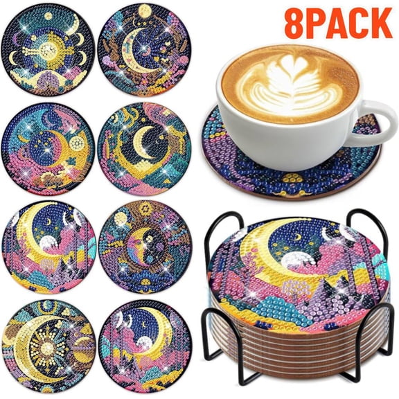 8 PCS Mystical Moon Diamond Art Coasters Diamond Art Coasters Kits with Holder Mystical Moon DIY Coasters for Beginners, Adults, Diamond Art Crafts Supplies