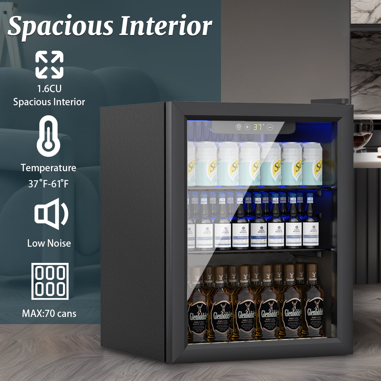 Compact 76 Can/1.7 Cubic Foot Beverage Fridge With Glass Door For Soda, Beer Or Wine, Under Counter Drinks Refrigerator