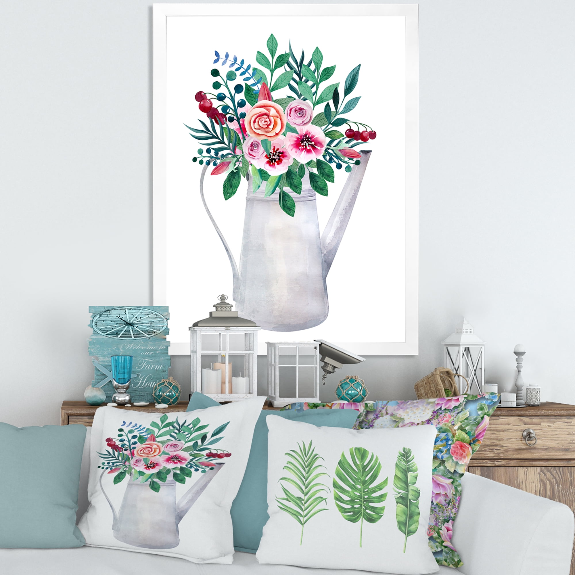 Bouquets of Flowers In Rustic Flowering Pot With Berries 24 in x 32 in Framed Painting Canvas Art Print, by Designart