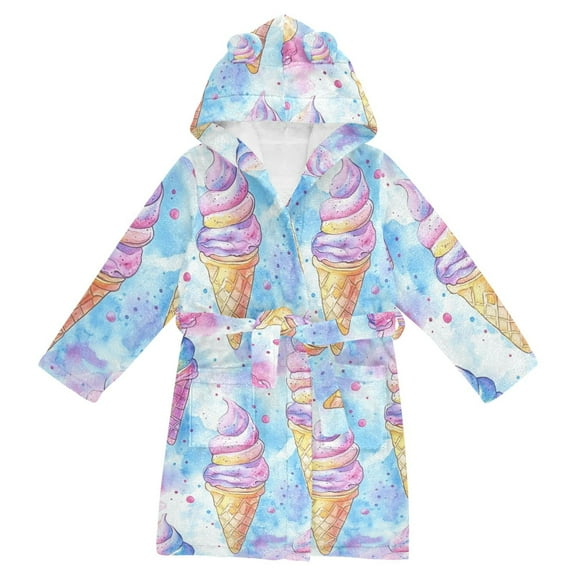 FORMRS Niños Bathrobe Unisex Hooded Robe Soft Plush Pajamas Sleepwear, Size 2-3T, Watercolor Ice Cream Pattern