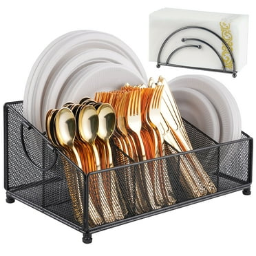 Cairondin Paper Plate Dispenser with Silverware Caddy, Metal Paper Plate Organizer and Napkin Holder for Party Picnic Camping, Disposable Plate Cutlery Utensil Caddy for Countertop, Black