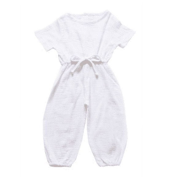 Franhais Infant Baby One Piece Romper Solid Color Short Sleeve Elastic Waist Long Pants Jumpsuit