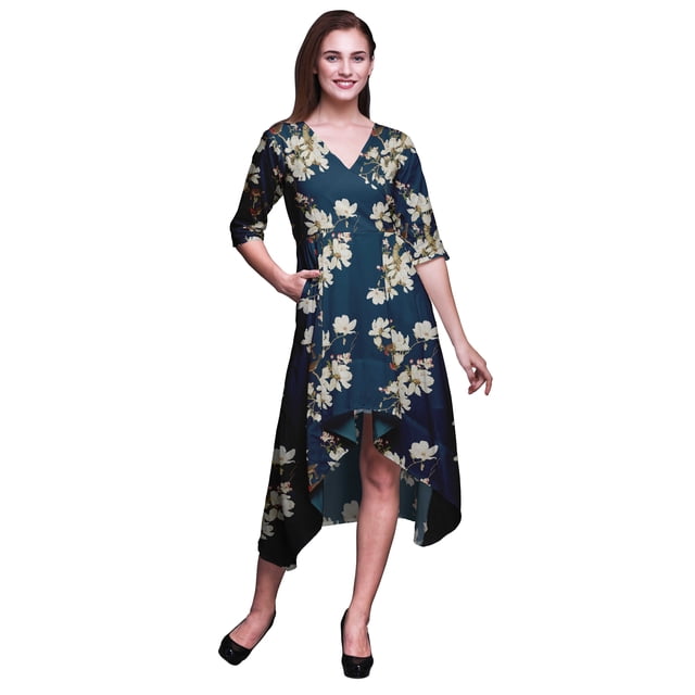 Bimba Robe Mi-Longue Classique en Coton Bleu à Imprimé Floral d'Oiseaux et de Magnolias à Manches Courtes avec Poches, Coupe Droite Asymétrique - X-Grand