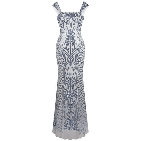 Party Angel Dress Angel-fashions Women's Sleeveless Silver Sequin Floral Pattern Mermaid Party Dress ()