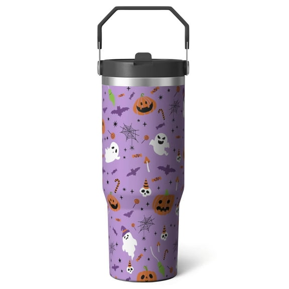 Boo!Halloween Tumbler 30oz - Witch & Ghost Insulated Stainless Steel Cup with Top Handle, Flip Straw Leak-Proof Design, Goth Gift for Women