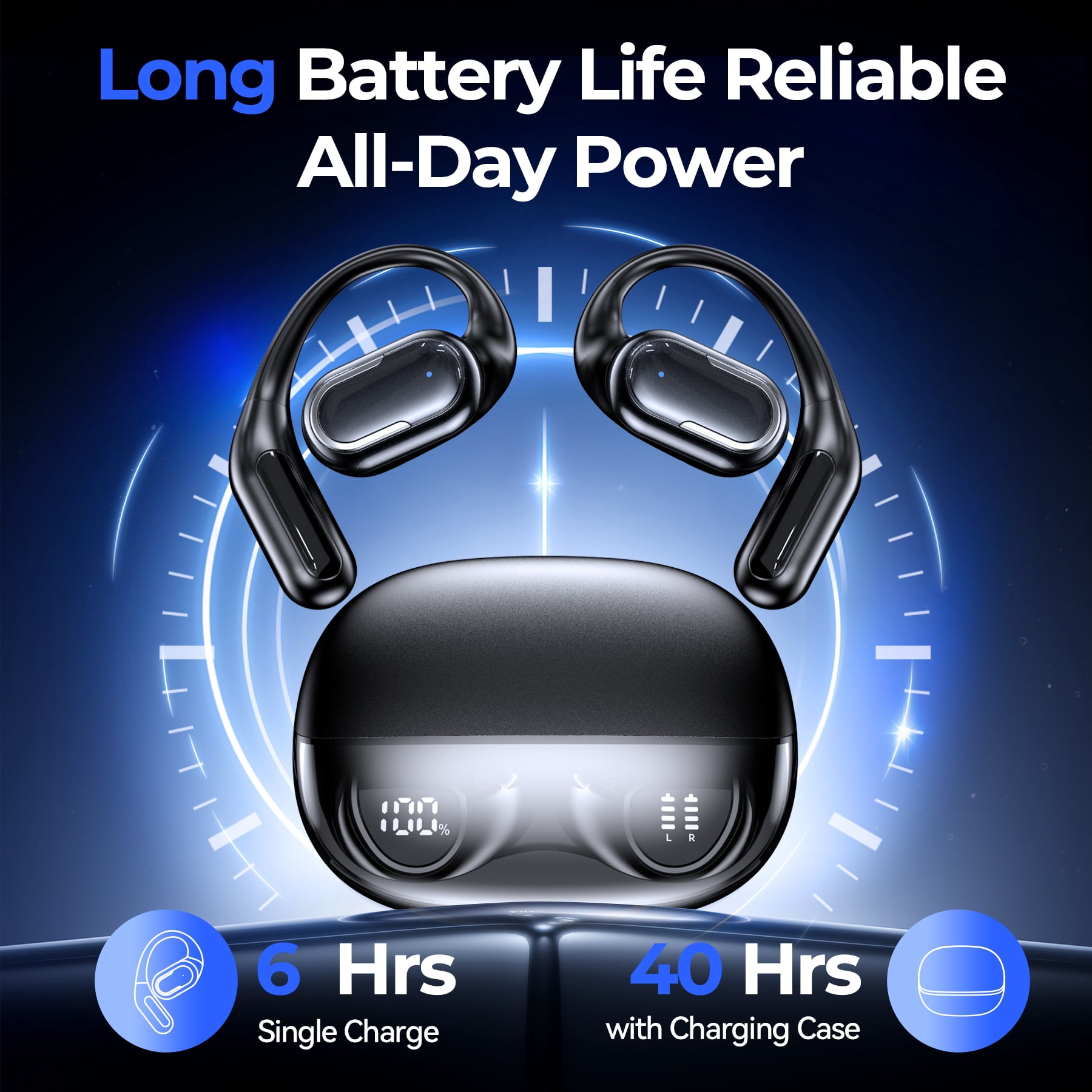 VEAT00L T5 Open Ear Headphones with Mic, Air Conduction Wireless Earbuds with LED Digital Display 40 Hrs Playtime,Clear Call ,Fast Charing,IPX7,Bluetooth 6.0 Open Ear Earbuds for Running, Workout