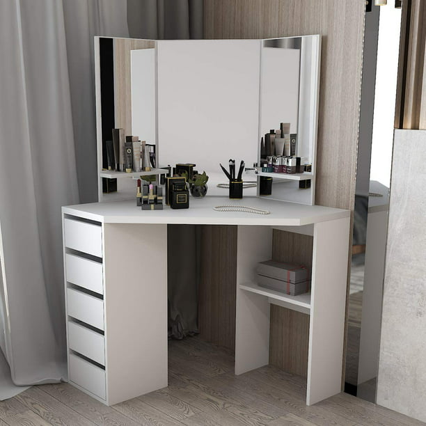 Otviap White Corner Vanity Table, Corner Vanity Mirror