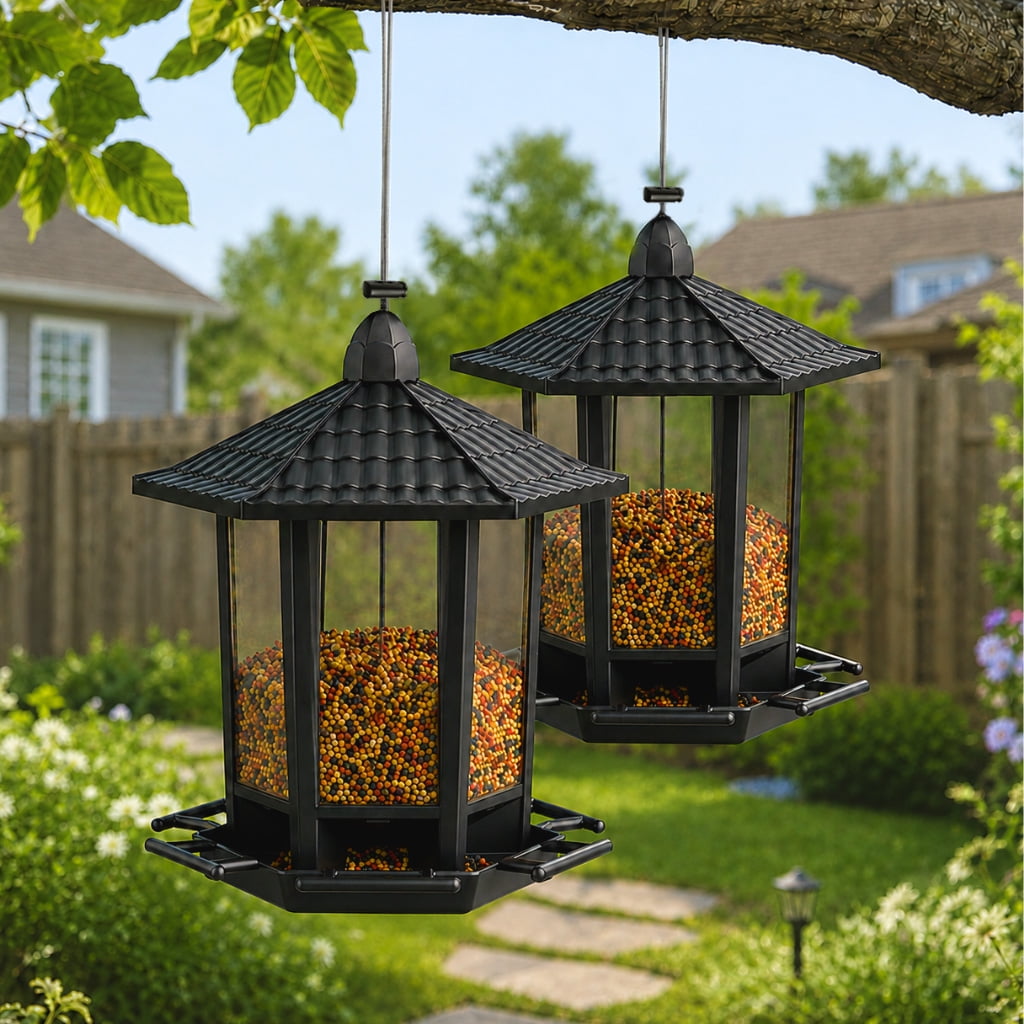 Birdream 2 Pack Wild Bird Feeder for Outdoor Hanging, Multiple Feeding Perches, Weatherproof Hopper Bird Feeders with Clear Seed Panels for Garden Yard Decoration