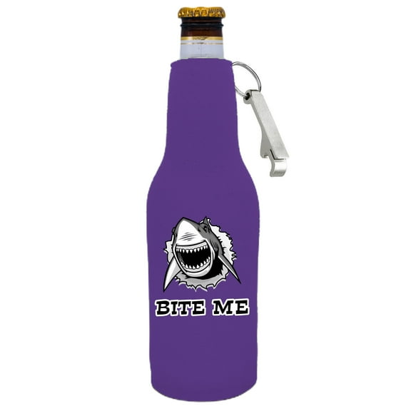 Bite Me Shark Beer Bottle Coolie With Opener (Purple)