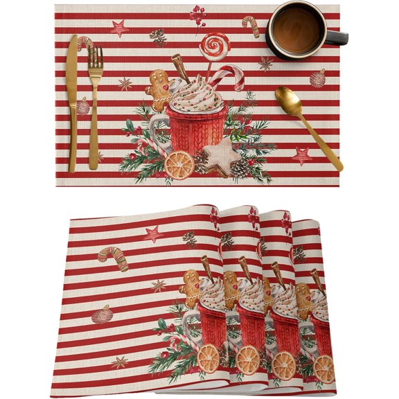 Christmas Placemats Set of 6, Gingerbread Candy Cane Placemat for Dining Table Decorations, Cotton Linen Xmas Ball Red Stripe Place Mats, Xmas Table Mats for Kitchen Dinner Holiday Party Decor Gift