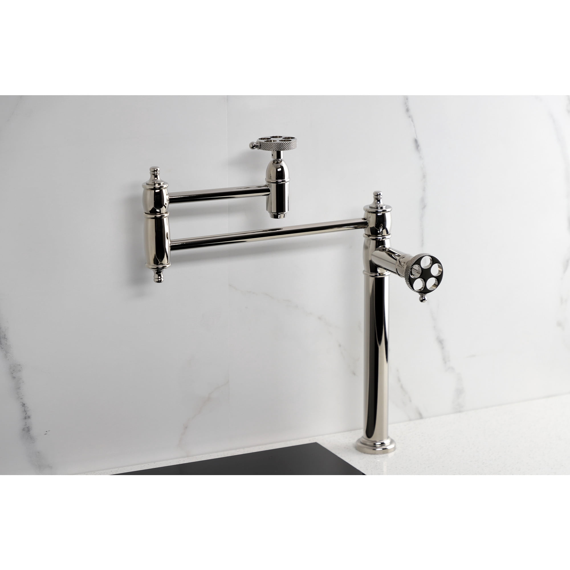 Kingston Brass KS3706RKX Webb Deck Mount Pot Filler Faucet with Knurled Handle, Polished Nickel