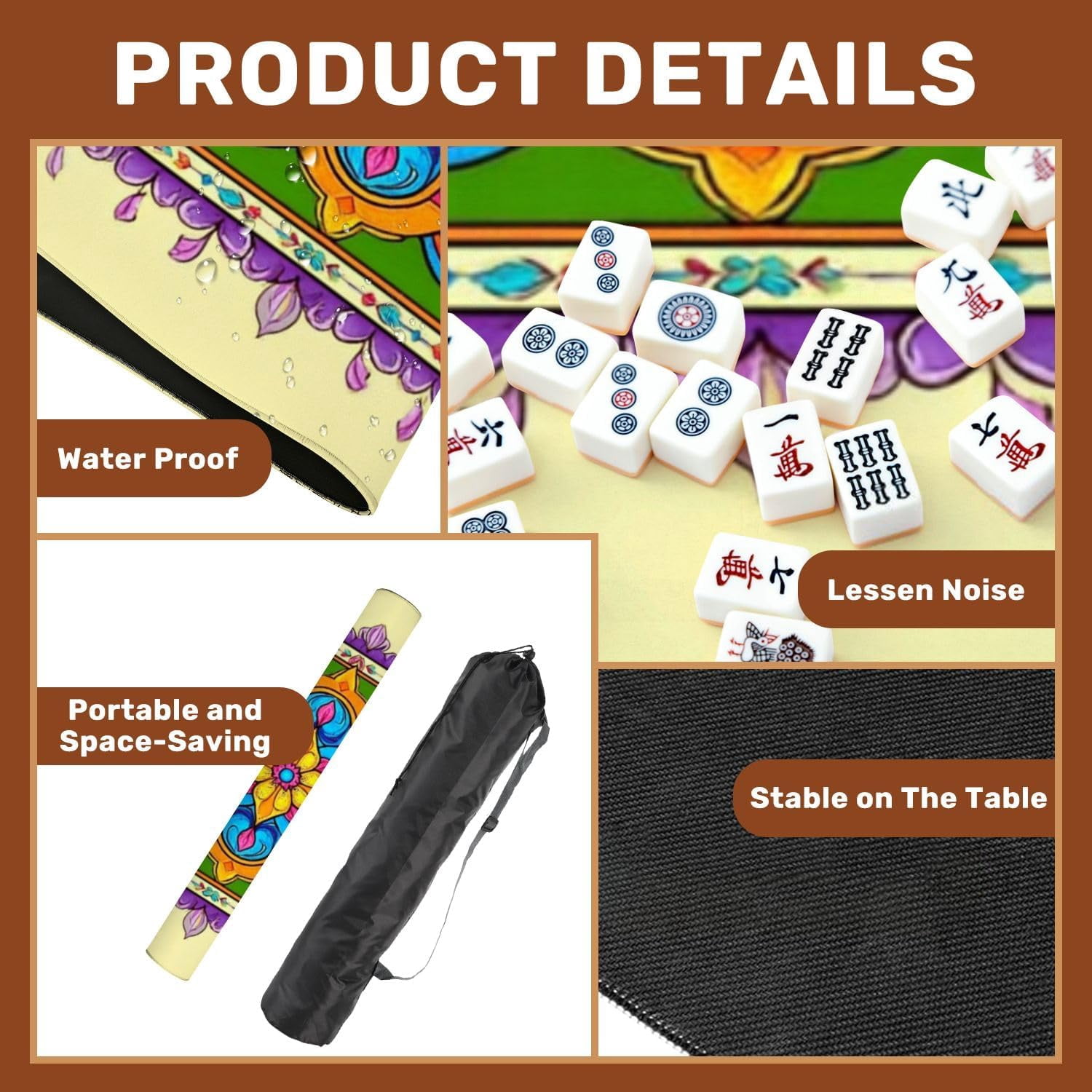 Mahjong Mat 31.5" x 31.5" Colorful Mandala Floral Art Vibrant Hues Intricate Patterns Non-Slip Noise Reduction Mahjong Tiles Table Cover for Dominoes Poker Card Board and Tile Games Gift