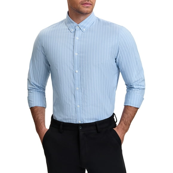 Camisas de vestir de negocios de manga larga con botones para hombres Inspire Chic, rayas, L, azul claro