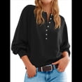 thumbnail image 3 of Suéter de Cuello Redondo con Botones para Mujer, Camisetas Henley de Larga de Otoño, Tops de Punto Holgados A Negro XL, 3 of 8