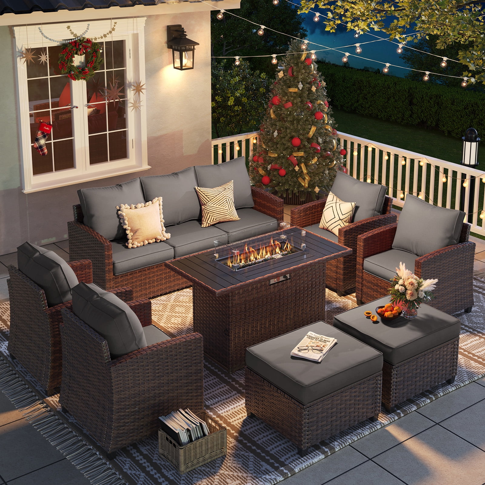 ELPOSUN 7 Pieces Outdoor Patio Furniture Set with Fire Pit Table, Outdoor Wicker Sectional Patio Conversation Set with Ottoman for Garden, Poolside, Backyard, Gray Cushion