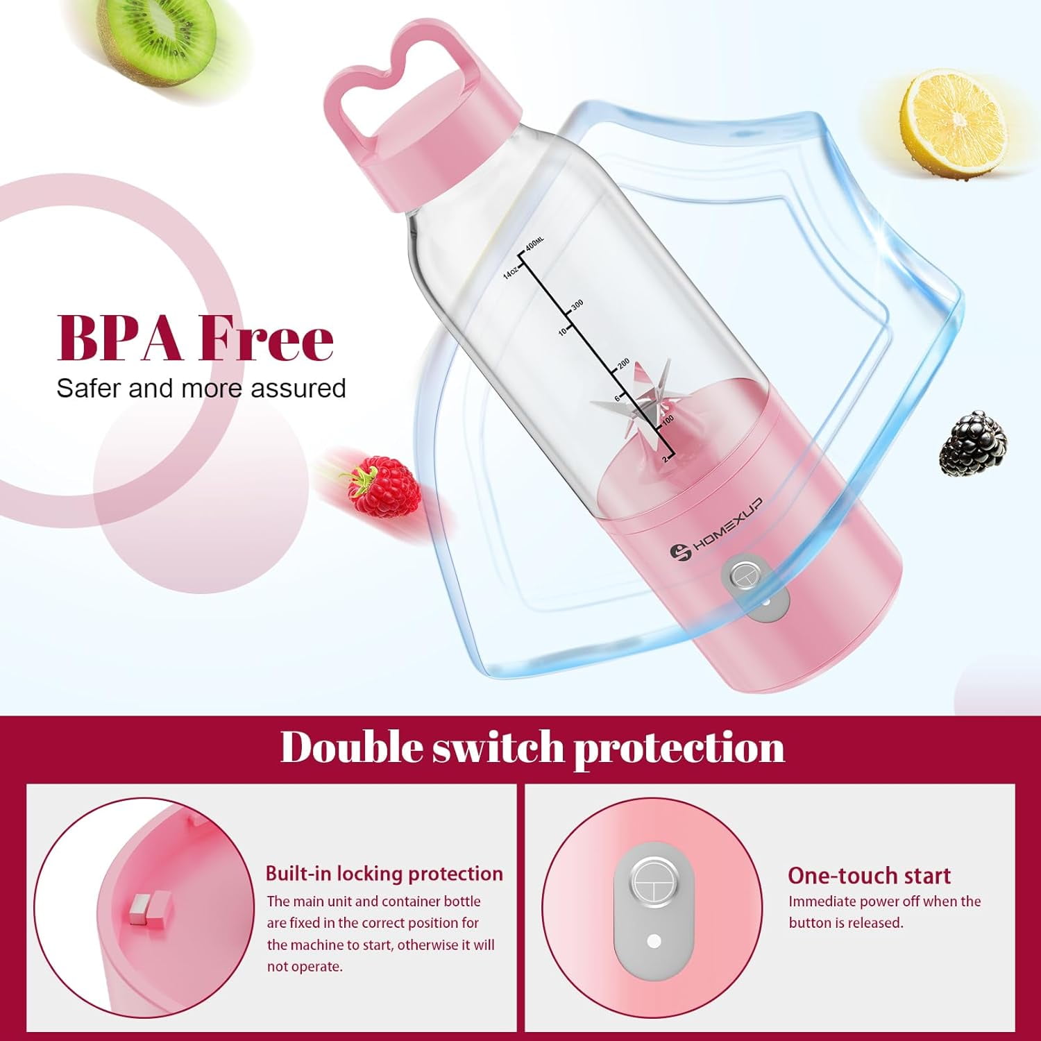 Portable Personal Blender 17 OZ/500 ML Juicer, 175W Size Blender, Ideal for Smoothies, Ice Blending, Juicing, and Food Processing, Compact, Convenient, Versatile (Pink)