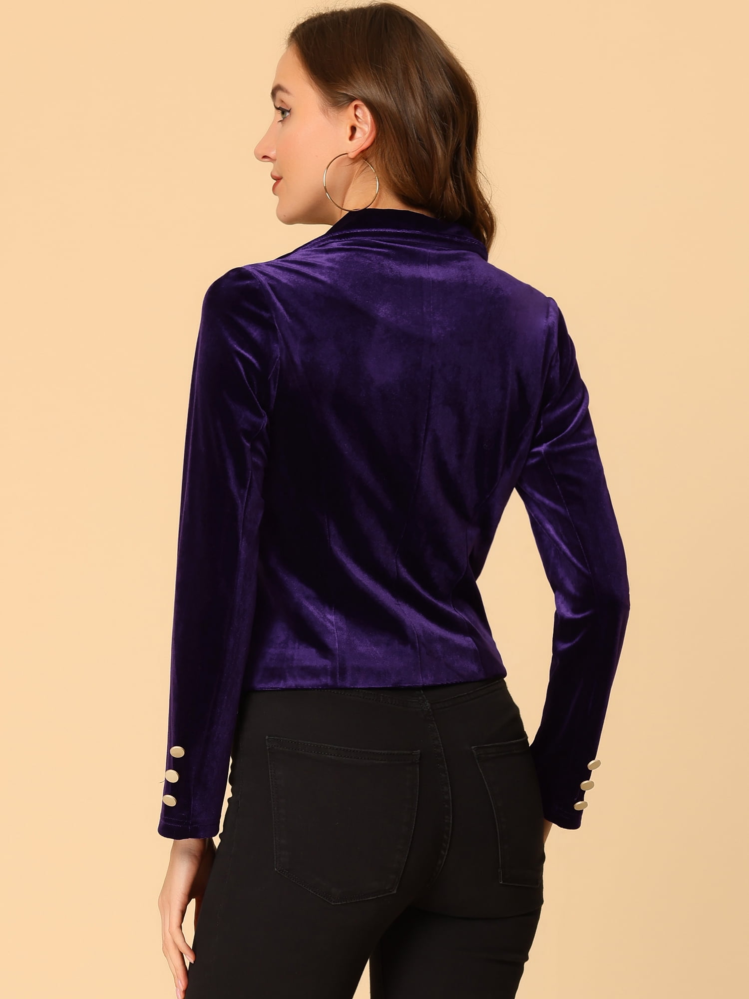 DARING DIVA Women's Button Front Velvet Blazer Lapel Crop Suit Jacket XS Dark Purple