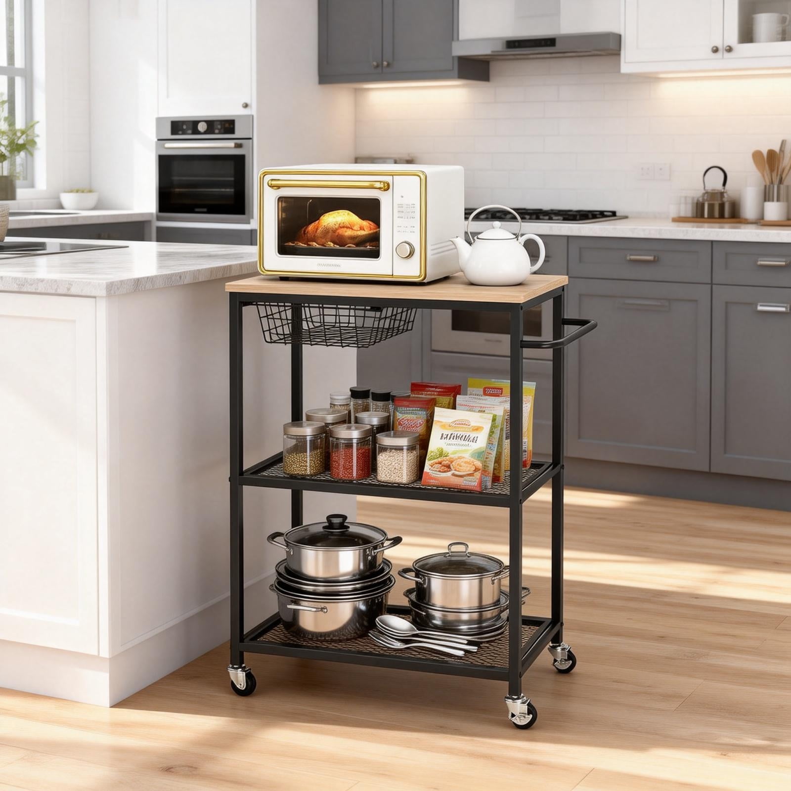 Soonbuy 3-Tier Kitchen Storage Cart, Baker’s Rack with Push Handle, Coffee Bar, Kitchen Storage Cart with Storage for Kitchen Island Restaurant Living Room
