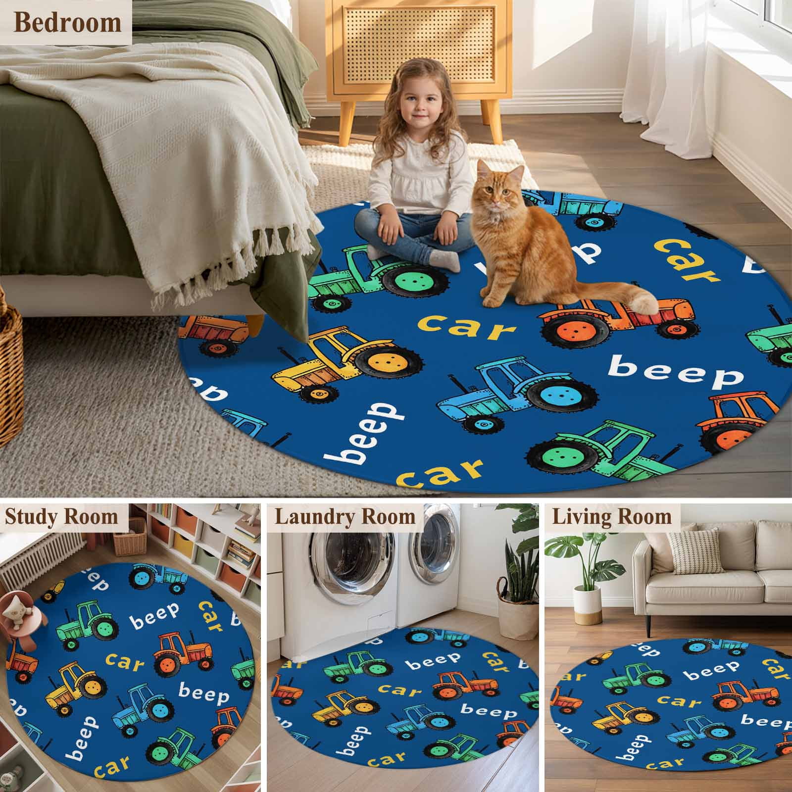Cartoon Tractor Round Area Rug 8Ft Washable Large Circle Rugs for Living Room Dorm, Cute Beep Car Digger Shovel Truck Blue Non-Slip Carpet Floor Mats Indoor Outdoor Carpet Runner Aesthetic Home Decor