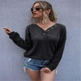thumbnail image 1 of Women's Waffle Solid Color Autumn and Winter Lantern Sleeves V-neck Buttons Loose-Fitting Casual T-shirt, 1 of 1