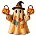 thumbnail image 2 of Aoznliie Lighted Vintage Patchwork Ghost, Glowing Resin Figurine with Pumpkin Basket, 4x3x3 inch Halloween Decor for Indoor Display, Multicolor, 2 of 7