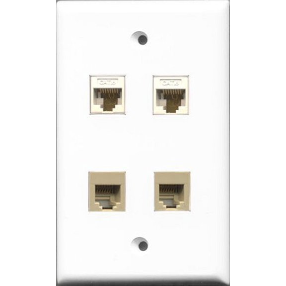 RiteAV - 2 Port Phone RJ11 RJ12 Beige 2 Port Cat6 Ethernet White Wall Plate