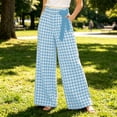 thumbnail image 2 of Miluxas Women's Gingham Plaid Pants Elastic High Waist Wide Leg Pants Tie Bow Decor Loose Casual Trousers with Pockets Summer Beach Loungewear Sky Blue, 2 of 6