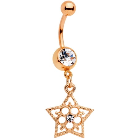 Belly Button Rings Dangle Flower Body Candy Plated Steel Navel Ring Piercing Clear Accent Rosy Star Flower Dangle Belly Button Ring ()