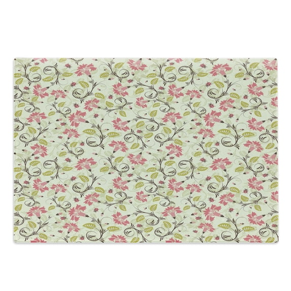Ladybugs Cutting Board, Curving Flower Design with Ladybugs and Retro Features Small Beetles Theme, Decorative Tempered Glass Cutting and Serving Board, Large Size, Pale Green Pink, by Ambesonne
