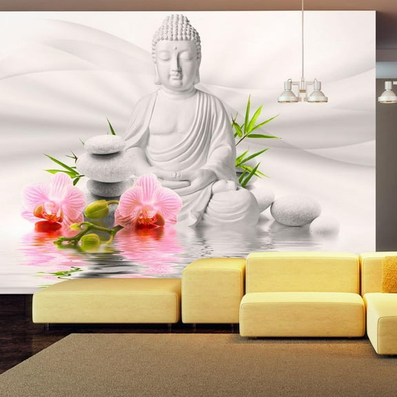 Tiptophomedecor Peel and Stick Zen Wallpaper Wall Mural - Buddha And Soft Pink Orchids - Removable Wall Decals