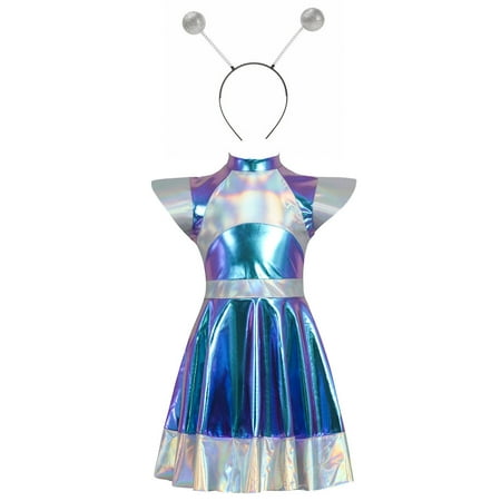 HAOTAGS Space Girl Dresses Breathable Short Sleeved Crewneck Performance Dance Dress Blue 11-12Years