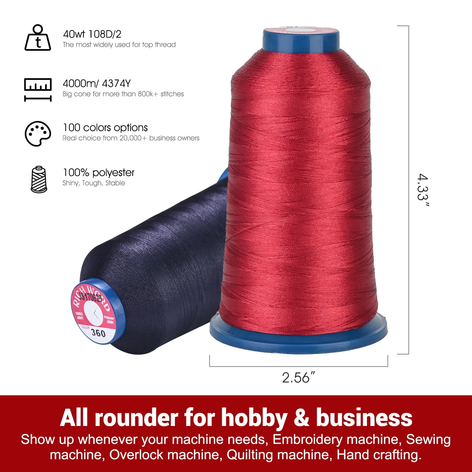 RICHWORD Embroidery Machine Thread 40 Colors 40WT (108D/2) Polyester Thread Kit Each Spool 4000M (4374Y)