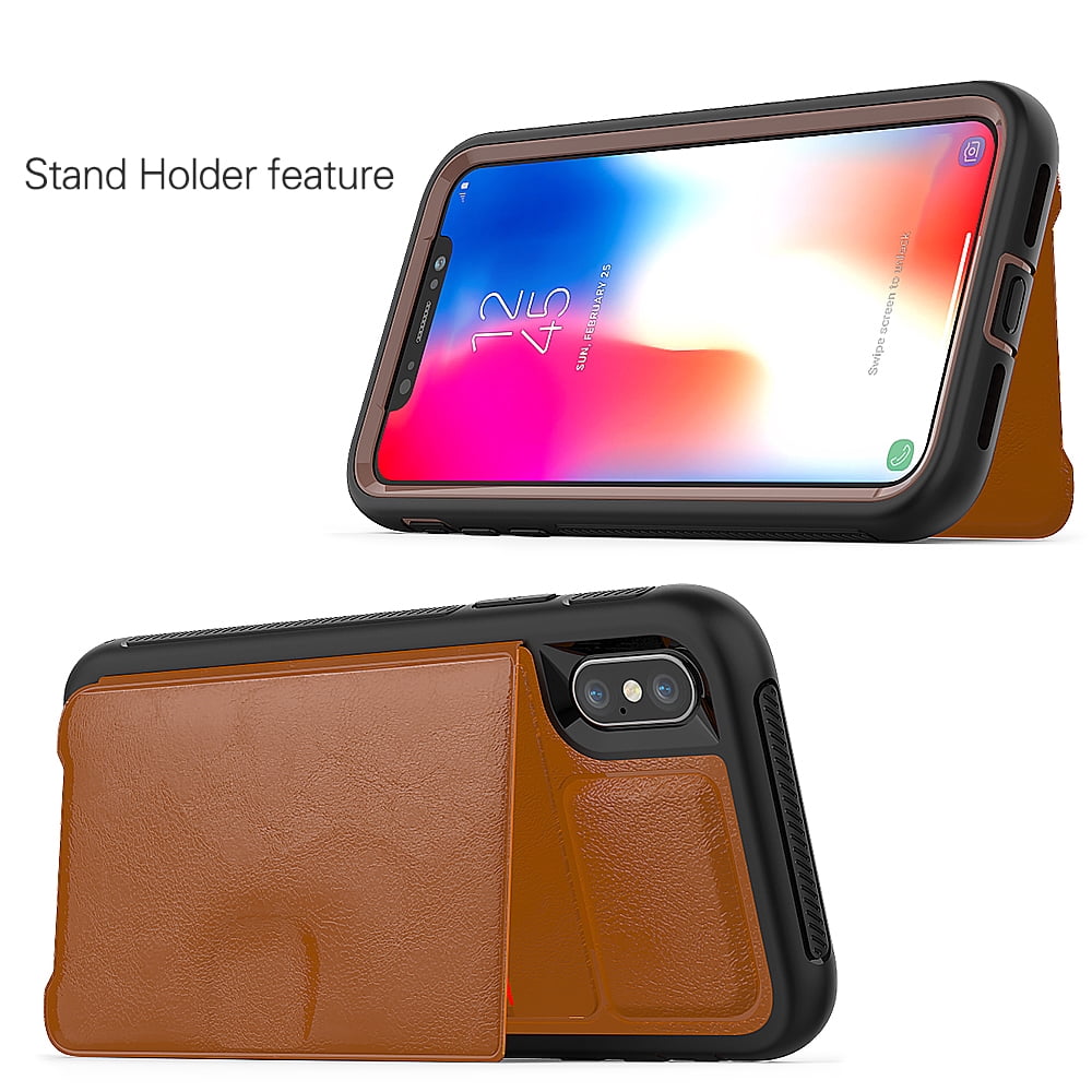BUNDLE: Kona Vegan Leather Folio Wallet Case (Brown) & Selfie Stick Mini Tripod 2.0 (Purple) for Apple iPhone XS / X - Kickstand, Card Slots, Car Mount Compatible, Magnetic Closure