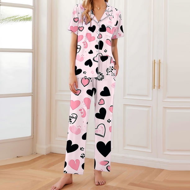 Pijama de manga corta con estampado fino y pantalones largos con solapa para mujer, top y pantalones de poliéster.