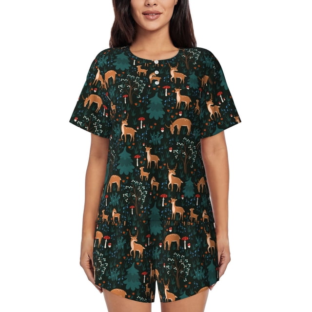 Fotbe Deers In The Forest Conjunto de Pijama Estampado para Mujer, 2 Piezas, Ropa de Dormir con Camiseta de Manga Corta y Shorts Suaves-Large