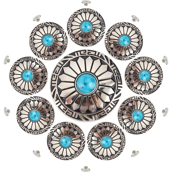 1 Box 10Pcs 30mm Screw Back Buttons Sunflower Decorative Buckle Round Vintage Western Style Blue Turquoise Concho Flower Buds Daisy Buttons Replacement Buckle for DIY Leather Craft Fabrics DIY