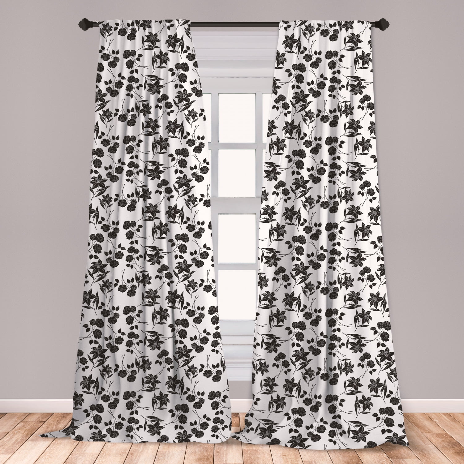 Black and White Curtains 2 Panels Set, Romantic Botanical Garden with