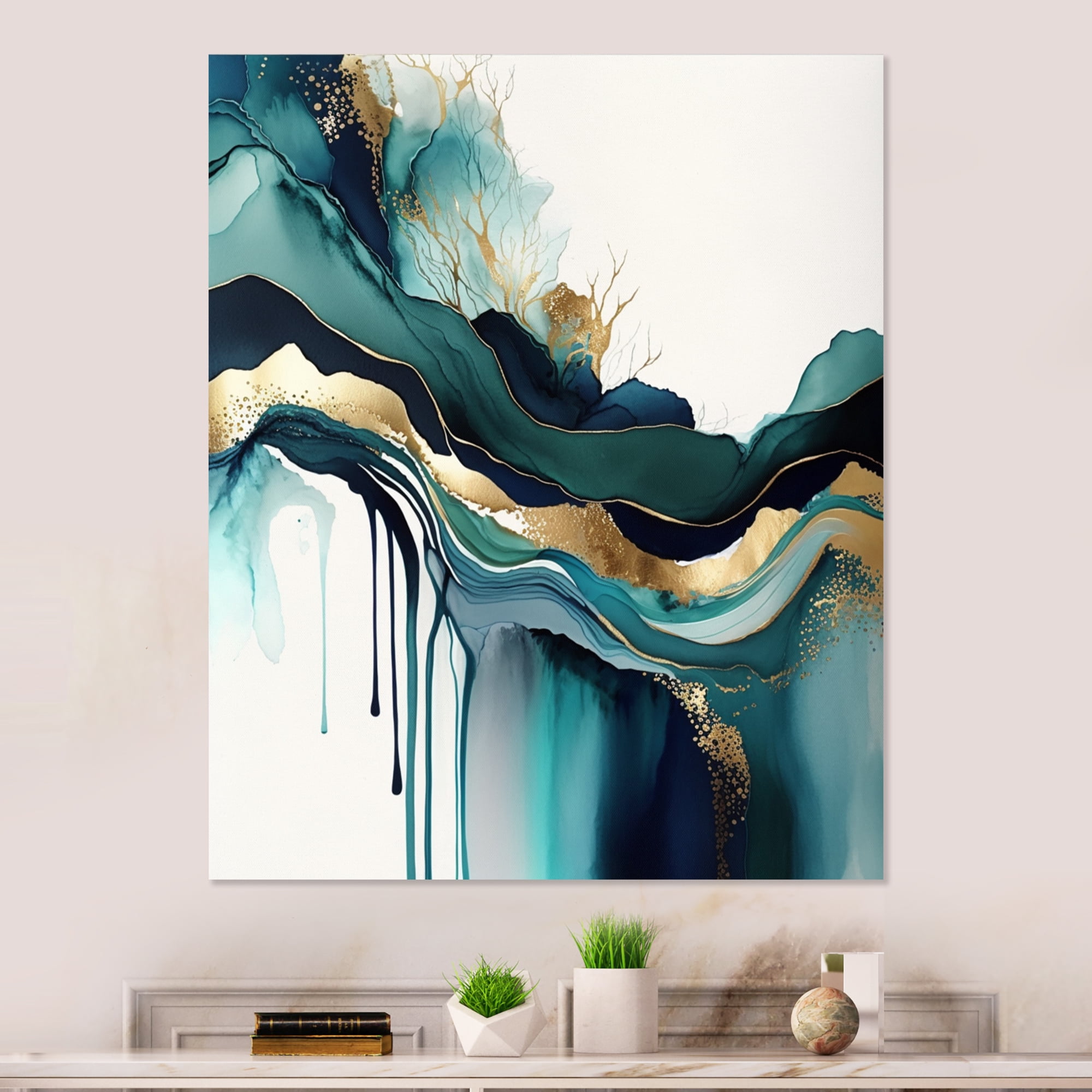 Designart Teal And Gold Abstract Expression IV Canvas Wall Art