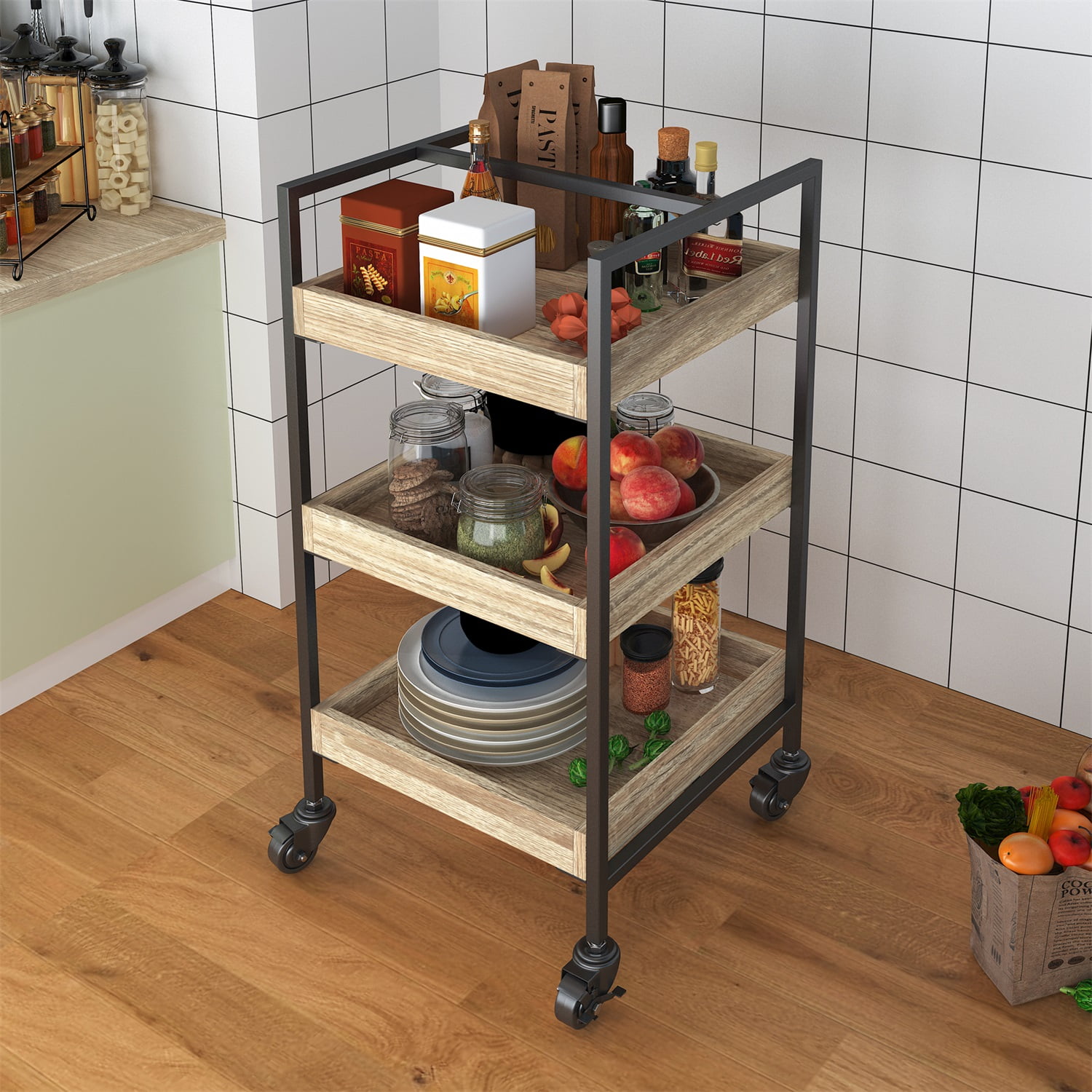 Kadyn 3-tier Wooden Rolling Utility Kitchen Storage Cart, Kitchen Storage Rolling Cart for Narrow Space, Heavy Duty Storage Basket Organizer Shelves on Wheels, Brown
